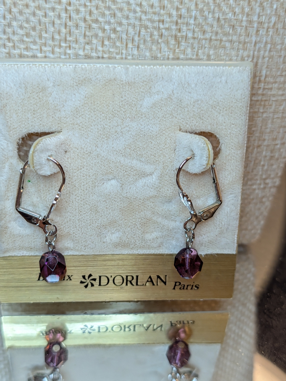 D'Orlan Paris Rhodium Plated Purple Swarovski Crystal Drop Leverback Earrings
